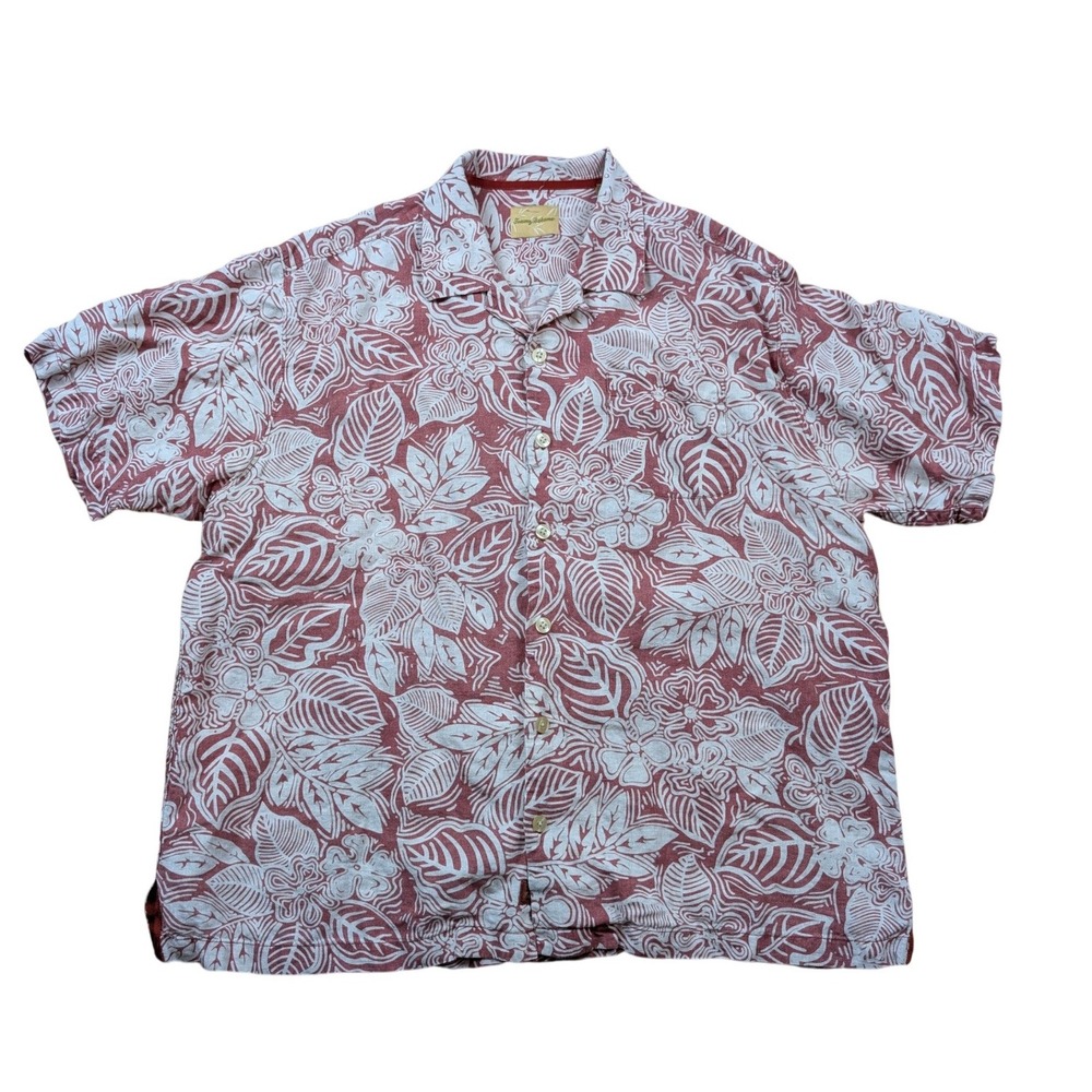 Tommy Bahama Mens XL Red White Floral Hibiscus 100% Linen Camp Shirt